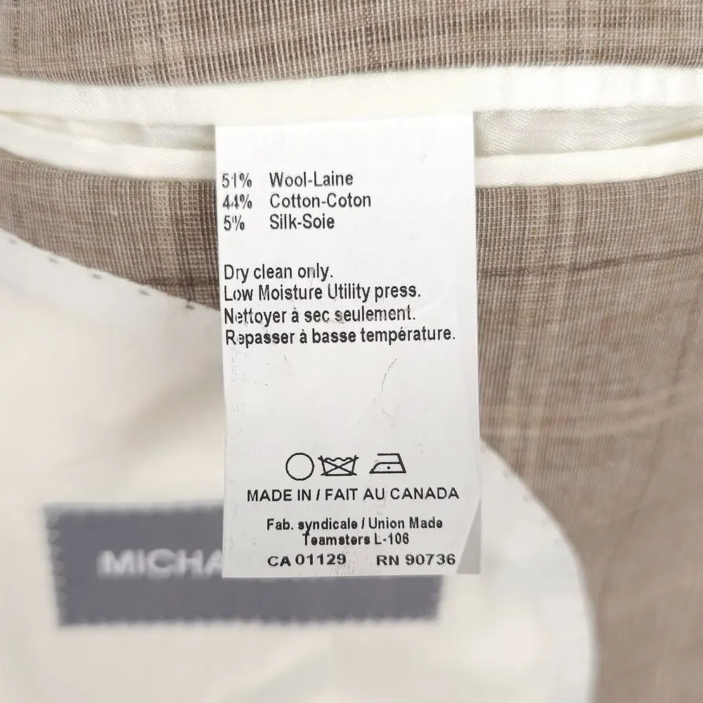 Michael Kors Mens Classic Fit 2 Piece Suit 46R 40W Brown Plaid Italian Wool NWT